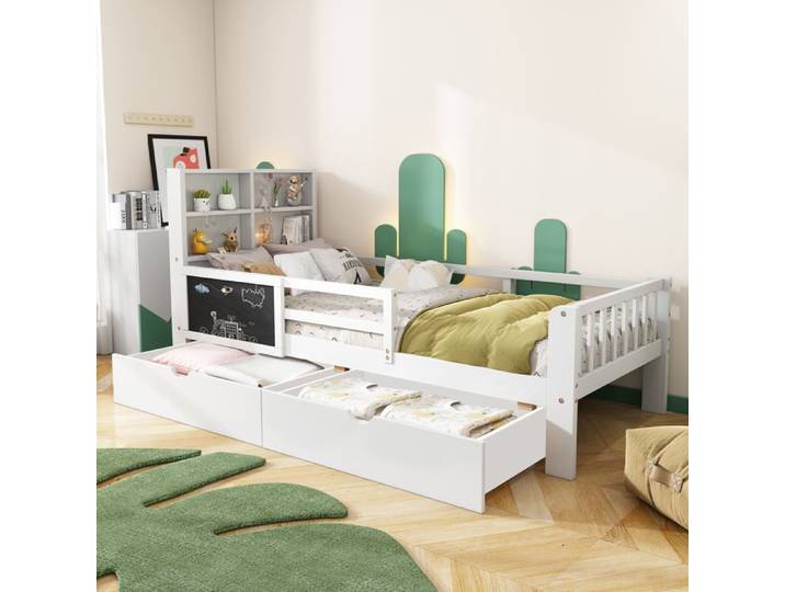Lit enfant 90x200 multifonction avec tiroirs tableau et barrière