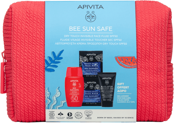 Apivita Bee Sun Safe Cofanetto PROMO Fluido Viso SPF50 In Regalo Gel Detergente Nero + Maschera Viso + Pochette
