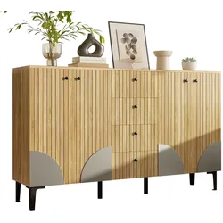 OKWISH Sideboard 160x36x94 cm Holzoptik mit 4 Türen und 4 Schubladen, vertikale Maserung, stabile schwarze Beine, Stauraum für Wohnen