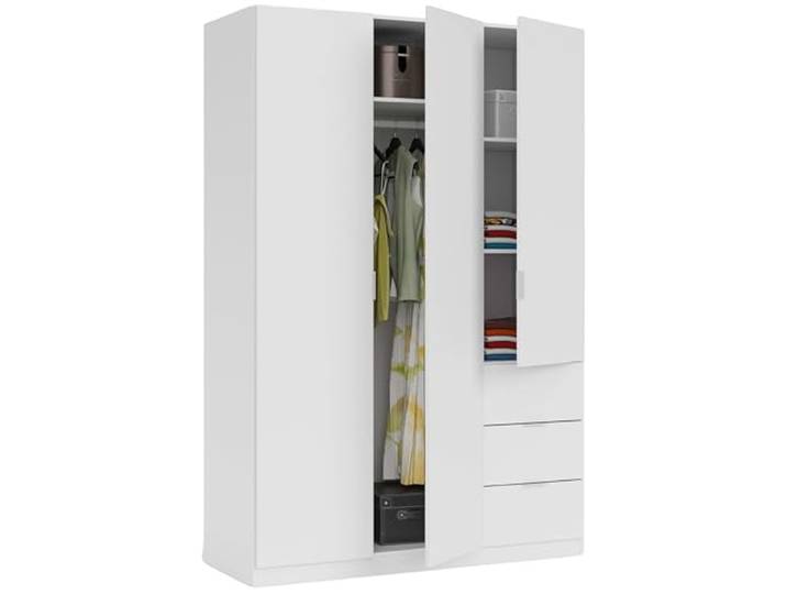 Habitdesign, Kleiderschrank mit 3 Türen und 3 Schubladen – großer Flügeltüren in Weiß für das Schlafzimmer mit viel Stauraum, Maße: 135 x 200 x 52 cm (B x H x T), Modell Low Cost