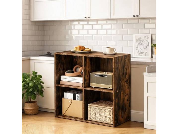 Étagère cubique 4 cases en bois d'ingénierie warm brown rangement compact mural