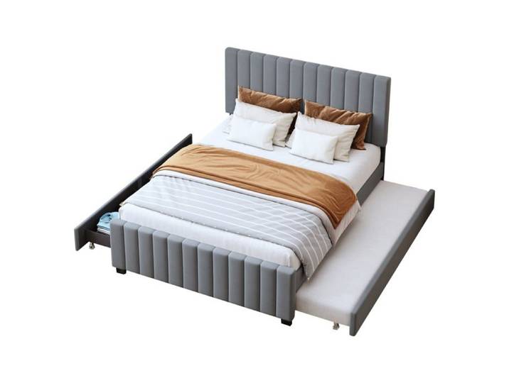 Lit capitonné Logidon 140x190 cm lit gigogne deux tiroirs velours gris