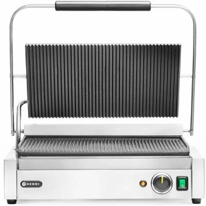 Hendi Kontaktgrill Panini XL, 263624, 2700 Watt, gerillte Gusseisen Grillplatten