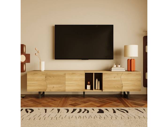 Meuble TV effet bois naturel avec portes arrondies 191 cm