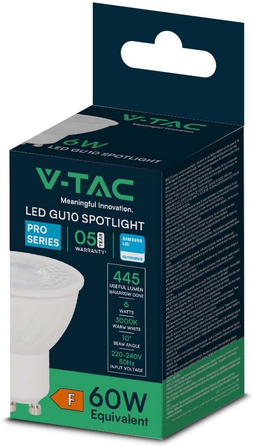 V-Tac Pro Lampadina Led Faretto Gu10 6w Luce 4000k Chip Samsung (Sku 2120027, Vt-249)
