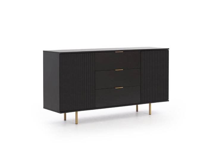 Lomadox Sideboard NADOR-132, 150cm breit, matt schwarz, goldfarbene Metallgriffe und -füße