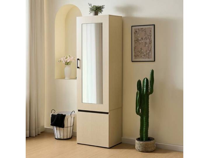 Meuble Entrée 54x34.5x179.5cm - Armoire Garderobe avec Miroir Tringle Extensible Rangement Chaussures - Bois