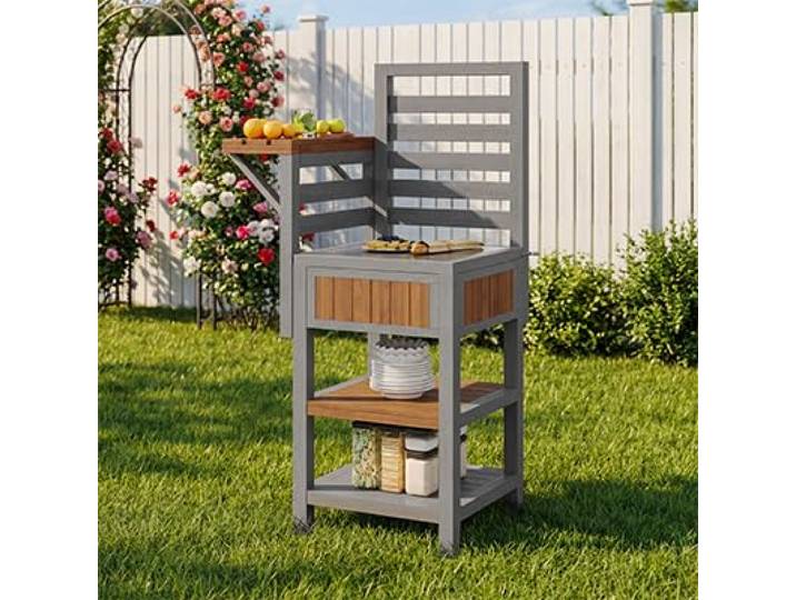 Merax Gartenschrank Holz Outdoor wetterfest – Geräteschrank mit Edelstahl-Arbeitsfläche & doppeltem Ablageboden, Grillstation & Küchenschrank für Terrasse, Balkon, Garten