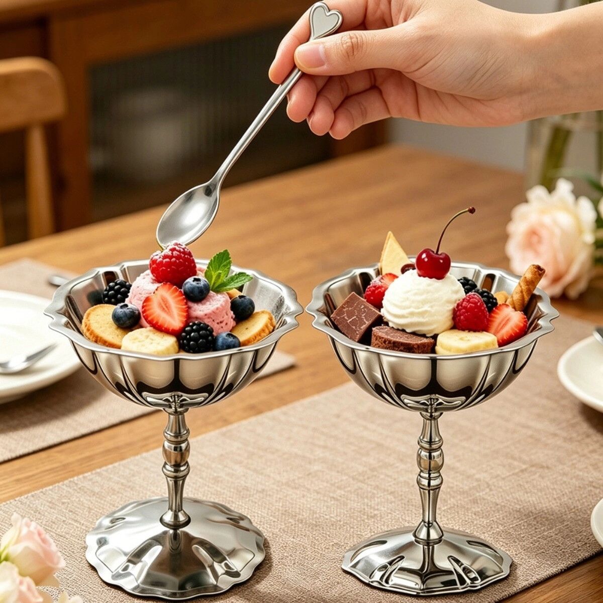 INF 304 Edelstahl Eisbecher-Set, 2-teilige silberne Lotus-Kelchschalen mit Löffeln