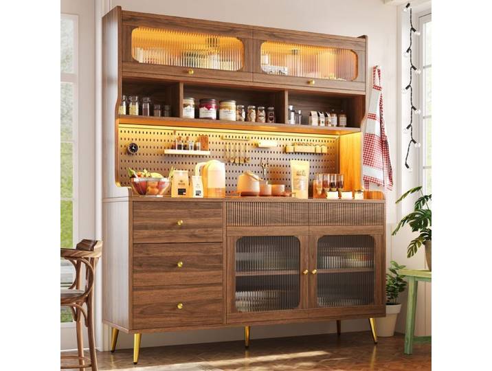 Buffet - SOGEU - 145x39x171 cm - Finition noyer - Porte en verre cannelé - Éclairage LED RGB connecté