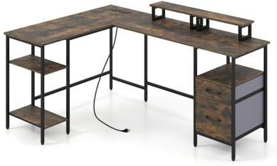 Costway L Shaped Desk with Power Outlet Reversible Computer Desk with Monitor Stands-Rustic Brown