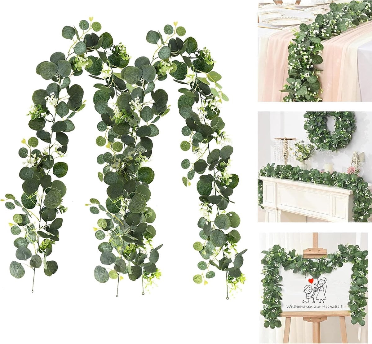 Set van 2 kunstmatige eucalyptus slingers van 180 cm voor decoratie