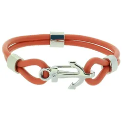 HAFENKLUNKER - ANKER ARMBAND EDELSTAHL LEDER ZIRKONIA - orangerot silber