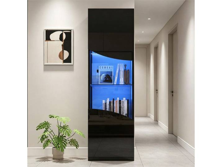 Vitrine LED Noire Haute Brillante 35x50x165 cm Meuble Vitrine Design Italien avec Portes en Verre Armoire de Rangement Moderne