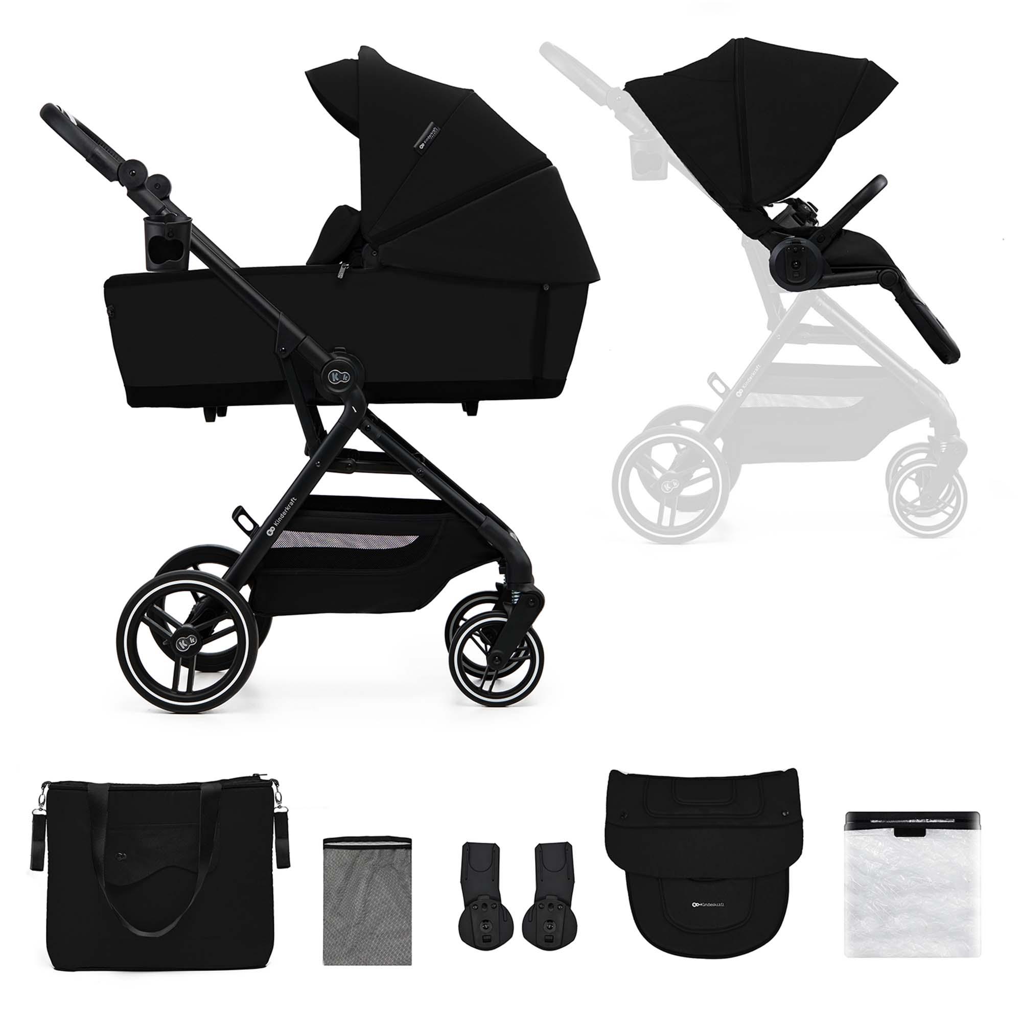 Kinderkraft YOXI 2-in-1 Kinderwagen bis 27 kg - Babywanne & Sportaufsatz - leicht - pannensichere Räder - TRAVEL SYSTEM - Schwarz