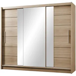 SCHWEBETÜRENSCHRANK KAYLE 250/215/61 cm 3-türig mit Spiegel Sonoma Eiche