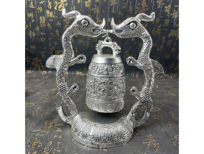 Artisanat ancien Gu Gu Zeng Yi Hou, cloche double dragon en argent, artisanat en alliage, ornement divers