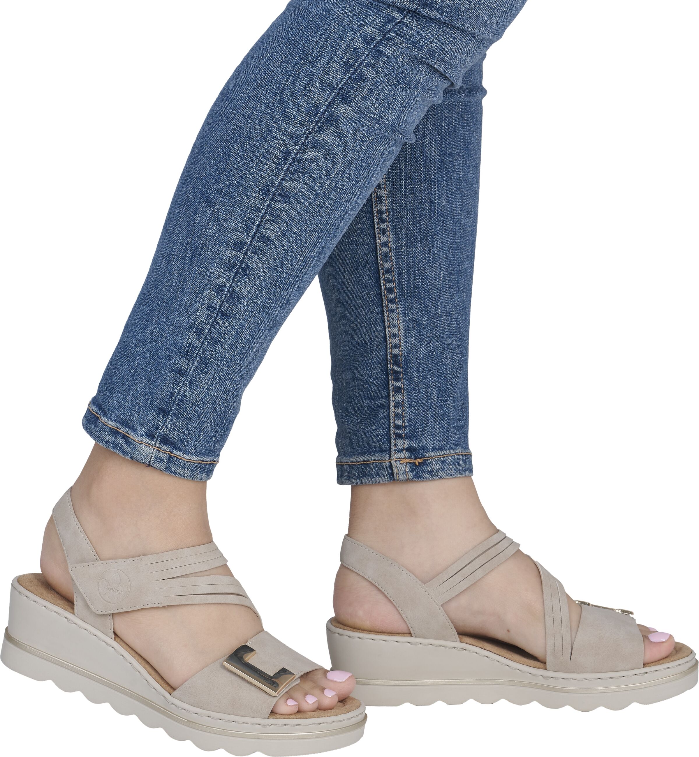 Keilsandalette RIEKER, Damen, Gr. 38, Synthetik Textil, beige (creme), Lederimitat, unifarben, Schuhe Keilsandalette, Klettschuh, Sommerschuh, Urlaubsschuh mit asymmetrischen Riemchen