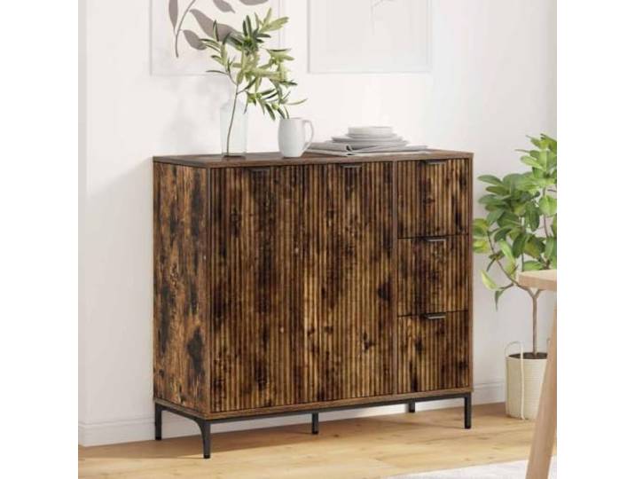 HEFZGDB Modernes Sideboard mit Aufbewahrung aus Holzwerkstoff für Wohnzimmer, Sideboard mit Wandbefestigung gegen Umkippen und Scharniertüren in Geräucherte Eiche, praktischer