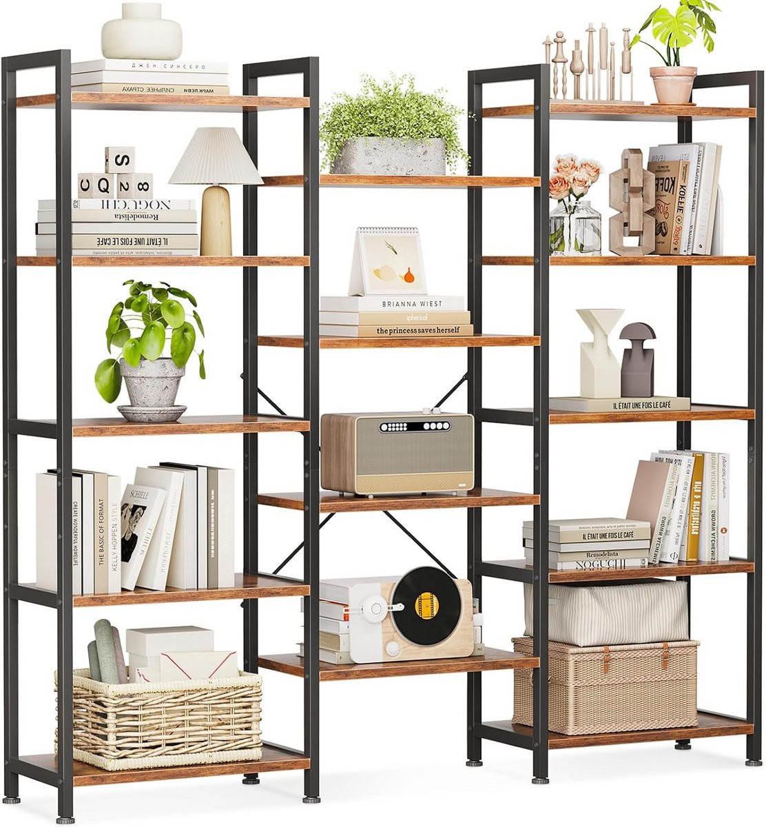 Bruine boekenkast met 14 plateaus en opbergruimte voor woonkamer of kantoor, Hoogte: 145,5 cm