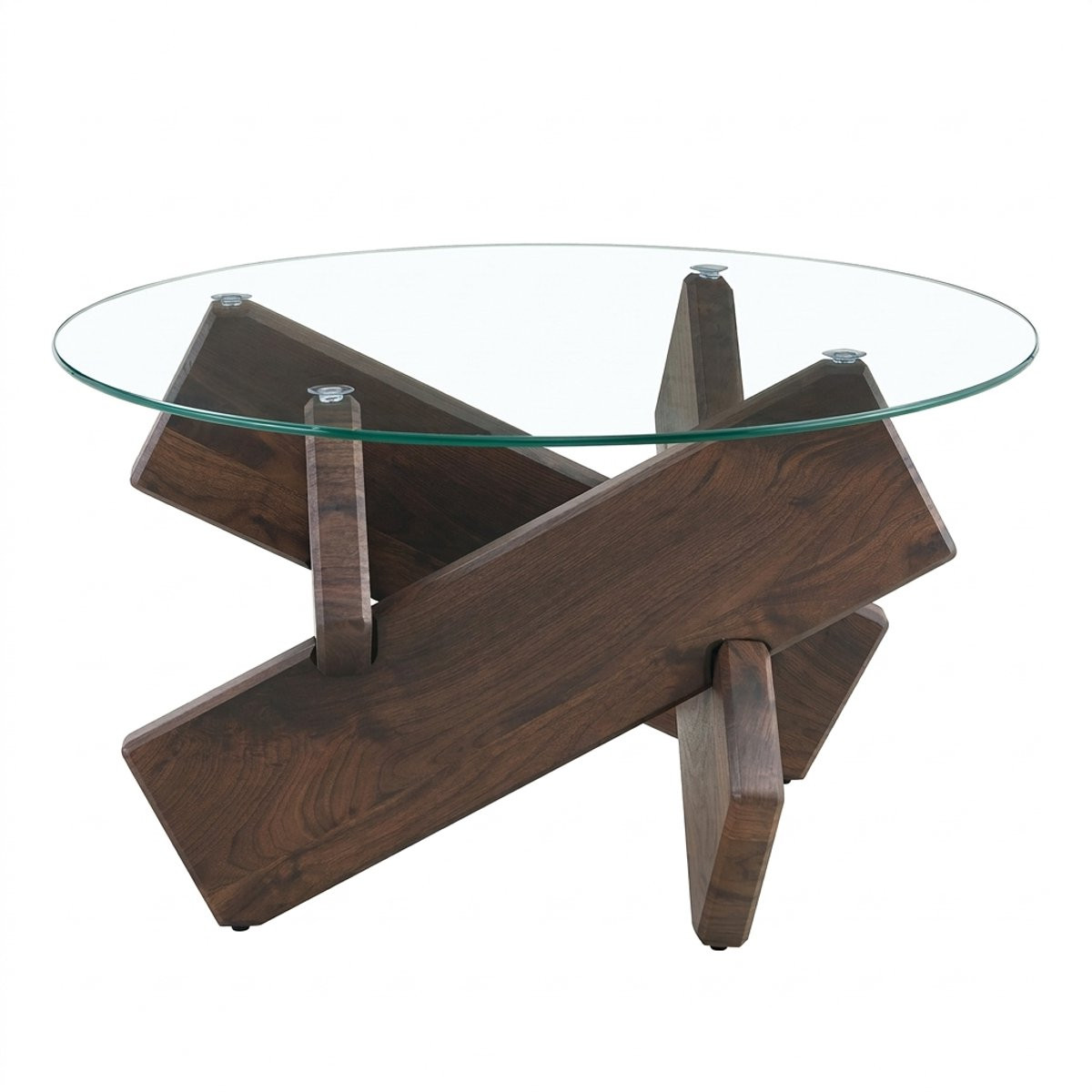 Rolipo Ronde Salontafel met Gehard Glazen Blad en Walnootkleurige Houtlook Poten – Diameter: 79 cm