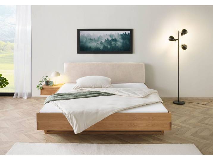 Bett mit Nachttisch links Eiche 180x200x85 natur geölt, Kopfteil beige FICHTELBERG #151