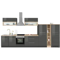 Küchenzeile KOCHSTATION "KS-Wien", grau (küche: grau, front: grau hochglanz, korpus: grafit, arbeitsplatte: eichefarben), B:410cm T:60cm, Komplettküchen-Sets, Küchenzeile, Breite 410 cm, wahlweise mit E-Geräten