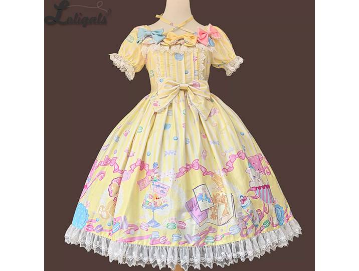Pré-commande Sweet Lolita Dress Robe de soirée mi-longue imprimée à manches courtes ~ Macaron Dolly House par Infanta