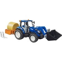 02187 BRUDER New Holland T5.120 mit Frontlader, Ladekasten, Gabeln und Rundballen, Modellfahrzeug