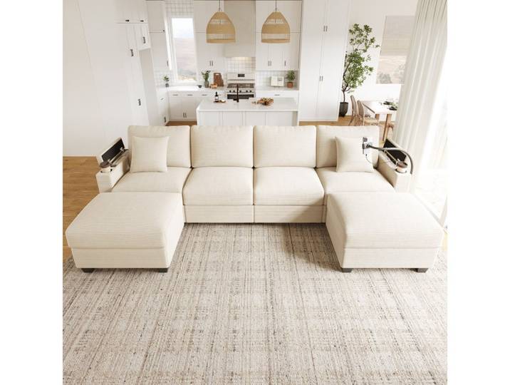 BBWL Sofa mit Schlaffunktion, modulares Cordsofa, USB-Ladeanschluss, Handyhalter, Wohnlandschaft U-Form Sofa, Stauraum für Wohnzimmer