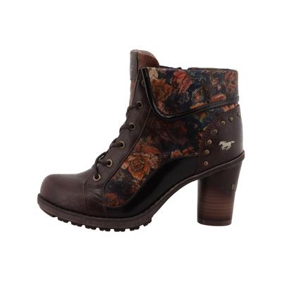 Stiefelette MUSTANG SHOES "Mode-Stiefel", Damen, Gr. 39, braun multi, Lederimitat, Textil, Schuhe Stiefelette, Blockabsatz, Schnürboots mit umschlagbarem Kragen
