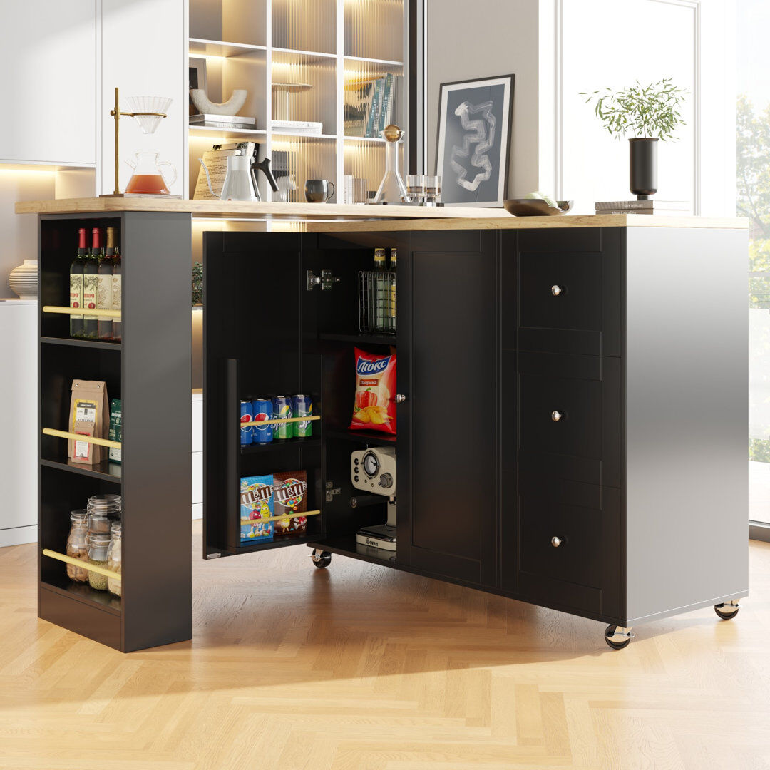 Brayden Studio 209 cm W Kitchen Island with Black 104cm H X 209cm W X 39cm D