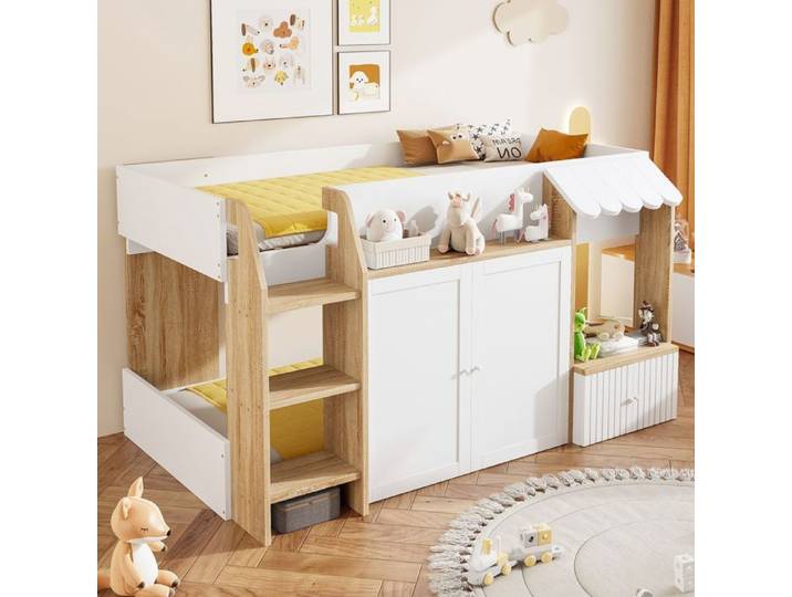 Lit combiné enfant - SOGEU - Lit cabane mezzanine - 90x200 - Bois massif - Rangement intégré