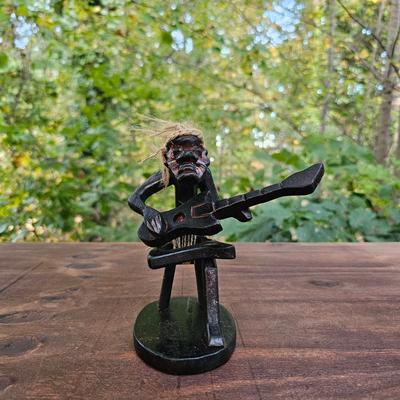 G6 Collection Hand-Carved Tribal Tiki Guitarist Figurine, Wooden Musician Statue, Primitive Island Décor