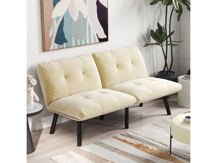 Canapé Clic-Clac - SOGEU - 160x81x78 cm - Velours crème - 2 places - Cadre métal