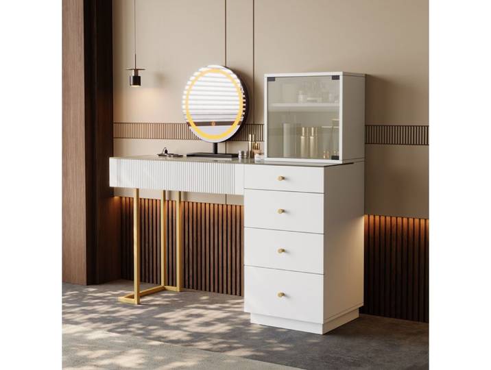 Coiffeuse miroir LED verre trempé 5 tiroirs armoire vitrée blanc 120 x 40 x 120 cm style moderne VEVXYN