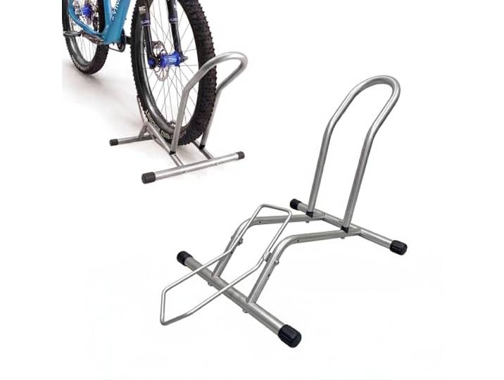 Support vélo Relaxdays\, 16–29 pouces\, pour pneus jusqu'à 10\,5 cm\, pour roue avant ou arrière\, au sol\, 1 vélo\, argent