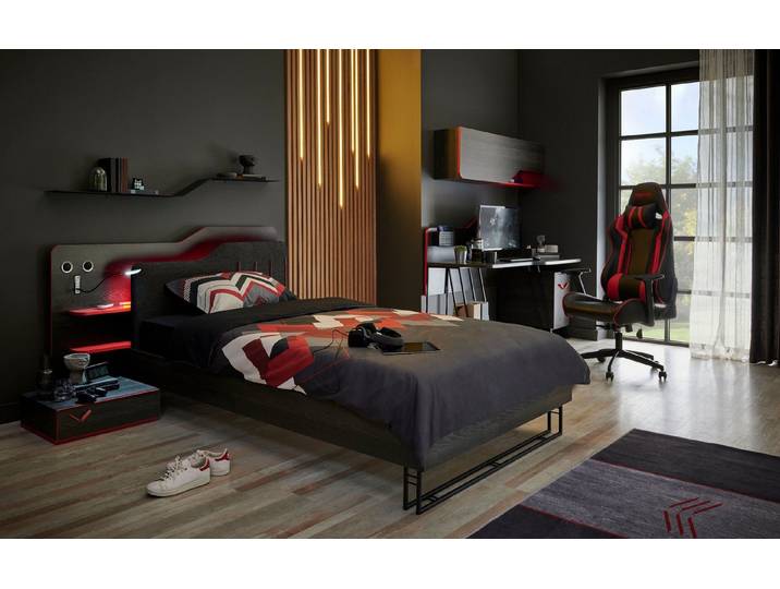 Möbel-Zeit Jugendzimmer-Set GAMER Komplett-Set – 8-teilig – Anthrazit & Rot – Bett 120x200 cm