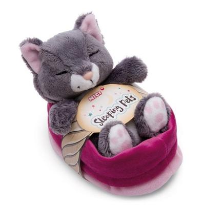 NICI 49746 - Sleeping Pets, Katze grau 12cm im rosa Körbchen, GREEN