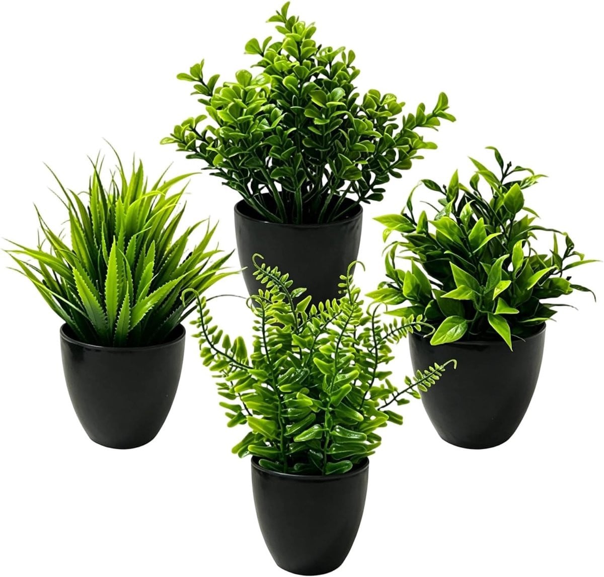 Set van 4 onderhoudsvrije groene kunstplanten in zwarte potten