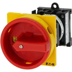 Eaton 095824 Hauptschalter, T0, 20 A, Zwischenbau, 1 Baueinheit(en), 2-polig, NOT-AUS-Funktion, mit rotem Drehgriff und gelbem Sperrkranz