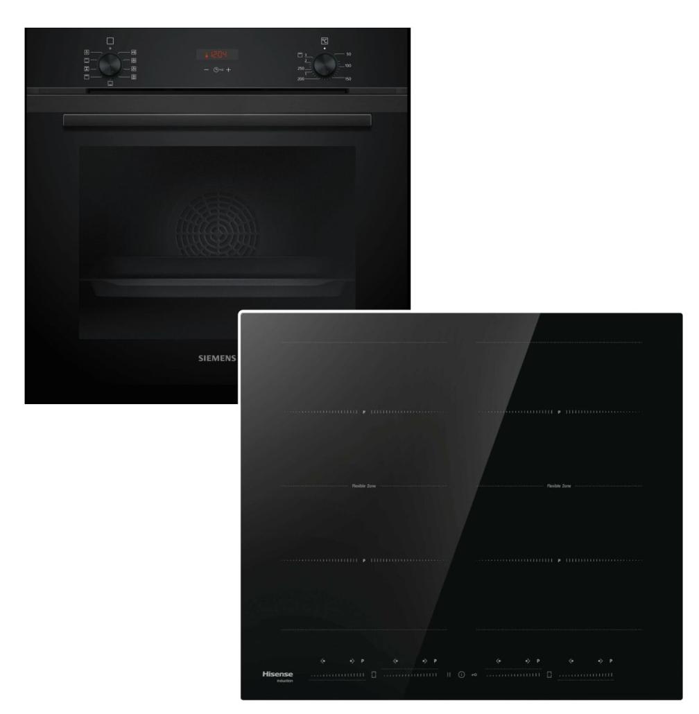 Herdset Siemens Backofen 3D Heißluft Hydrolyse Teleskopauszug+ Hisense Induktionskochfeld 4x Induktion 2x Flex ZoneBooster TouchSlider