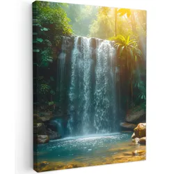 LEINWANDBILD Wasserfall - Dschungel - Sonne - Grün - Natur Wandbild Wohnzimmer 60x80 cm