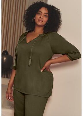 Plus Size Women's Knit Gauze Peasant Tunic by Avenue in Olive Green (Size 14)
