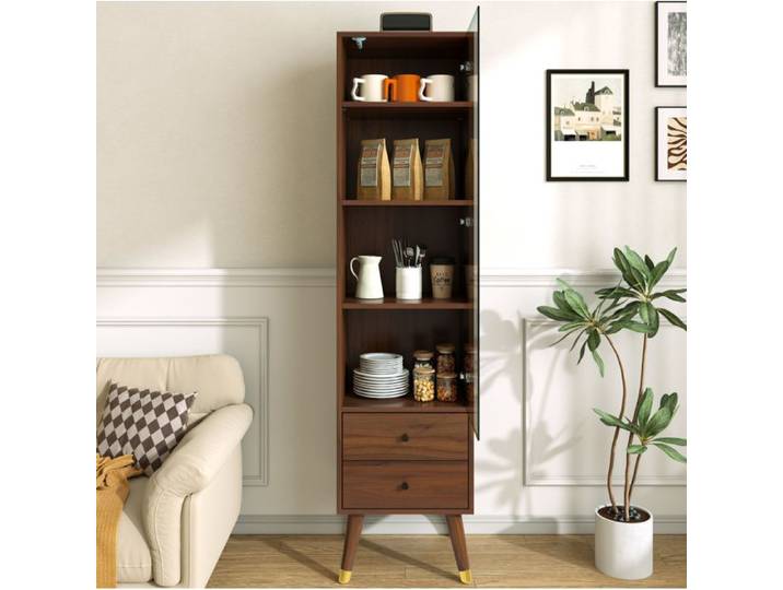 Vitrine meuble haut AESVAR avec porte en verre 2 tiroirs et 3 étagères réglables décor noyer