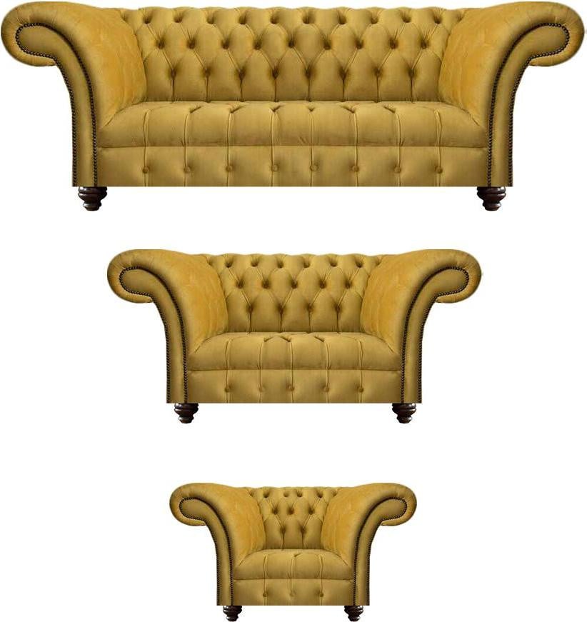 Chesterfield Textiel Bankstel met Bijpassende Fauteuil in Geel