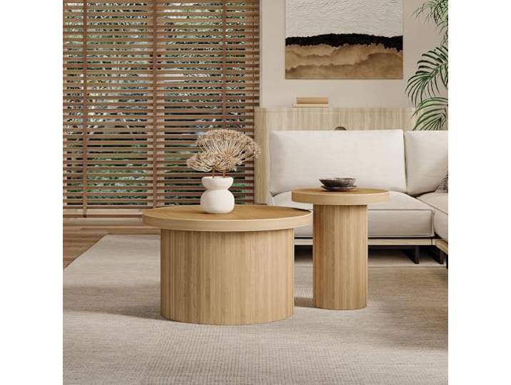 BXEYXE Couchtisch. doppelter runder Tisch. Beistelltisch mit Naturholzlatten. Multifunktionaler Wohnzimmertisch