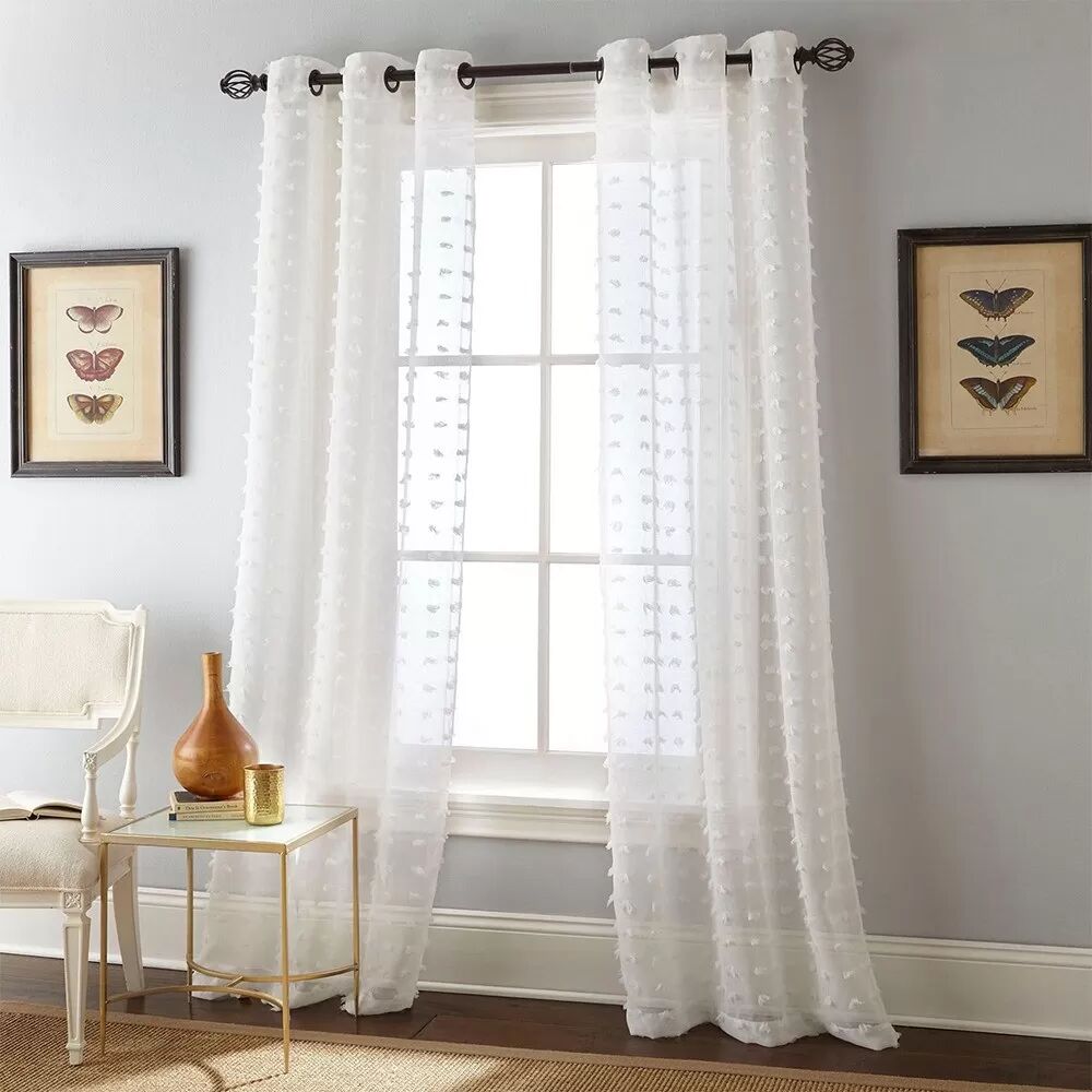 INF Lot de 2 Rideaux Voile à Pompons - Panneaux de Fenêtre à Oeillets L Blanc
