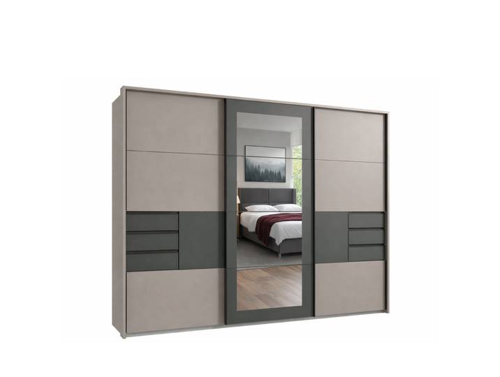 Schwebetürenschrank Kleiderschrank 273 cm Passepartout Schubladen Spiegel Sandgrau, Grafit / 22508