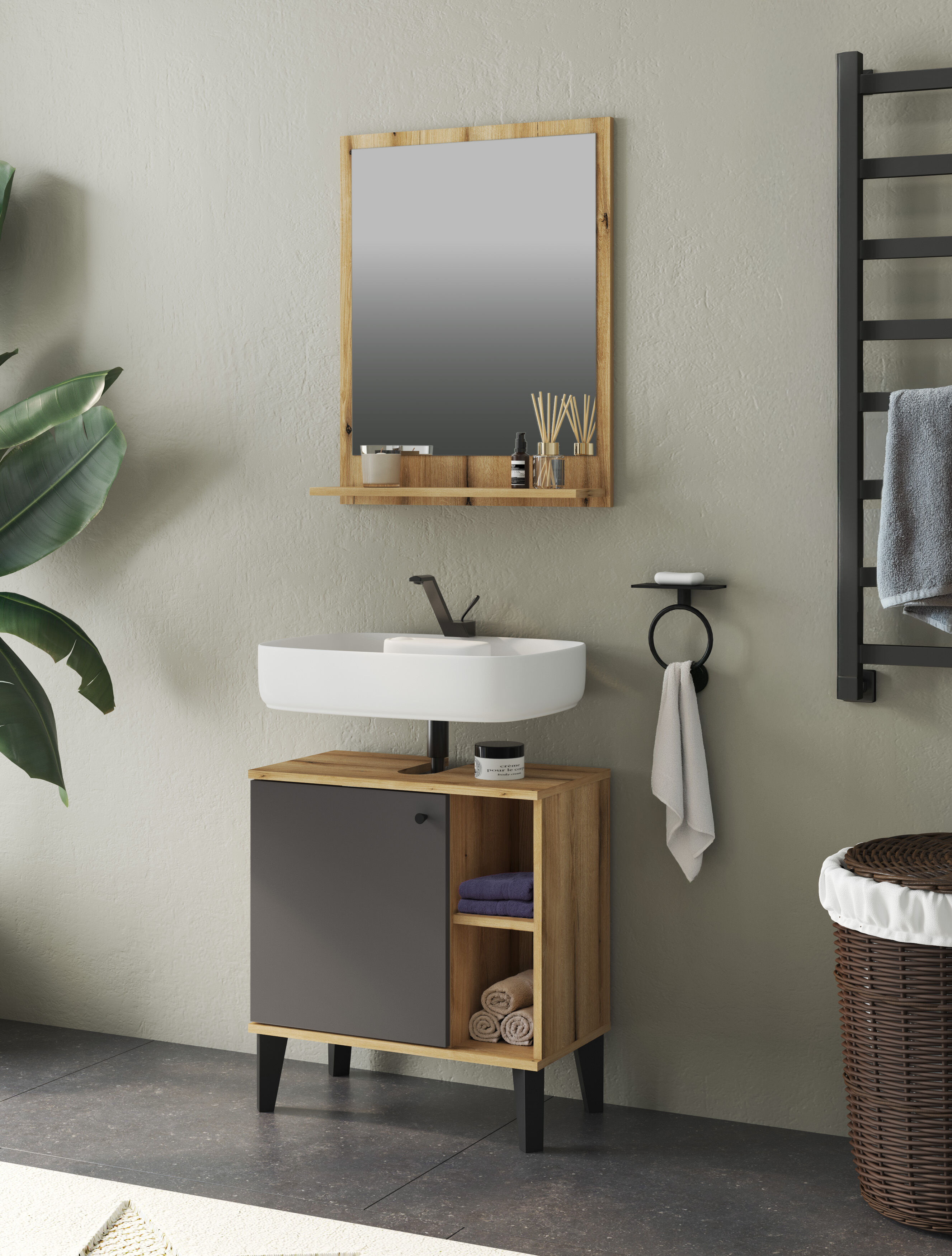 Badspiegel HOME AFFAIRE "Oslo, Spiegel in Eiche Evoke, Wandspiegel im skandinavischen Design", braun (eiche evoke), B:60cm H:65cm T:16cm, Holzwerkstoff, Spiegel, Badspiegel, mit Ablagefläche, 60 cm breit eiche evoke B/H/T: 60cm x 65cm x 16cm